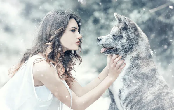Картинка девушка, снег, настроение, собака, дружба, друзья, Alessandro Di Cicco, Arianna Storace