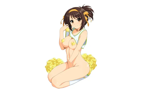 Girl, sexy, legs, brown hair, boobs, anime, beautiful, ribbons