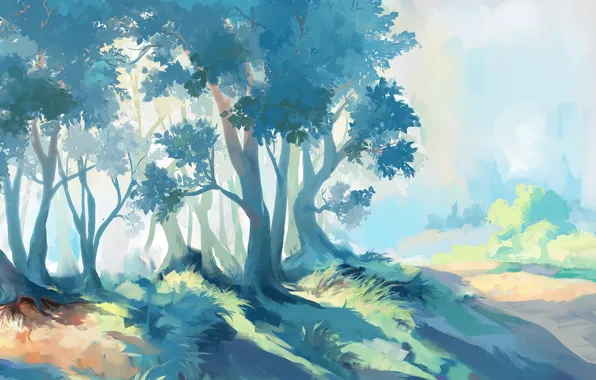 Картинка трава, деревья, арт, нарисованный пейзаж