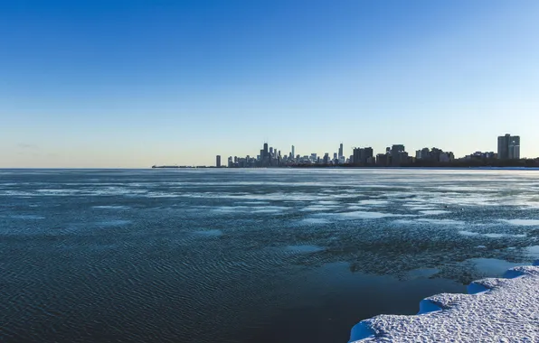 Зима, снег, здания, небоскребы, Чикаго, Мичиган, Chicago