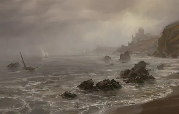 Море, туман, корабль, паруса, нарисованный пейзаж