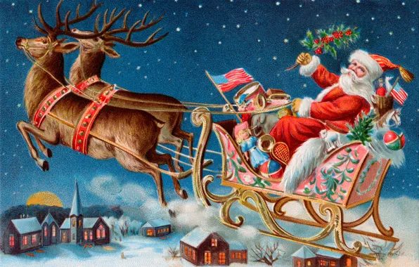 Картинка зима, игрушки, подарки, городок, сани, Санта Клаус, олени, открытка