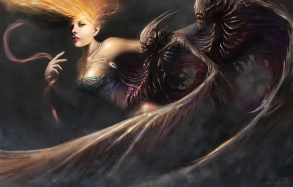 Картинка девушка, фантастика, крылья, арт, демоны, by_cloudminedesign, dark harpy
