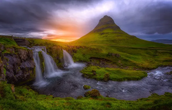 Mountain, waterfall, Iceland, Kirkjufjell