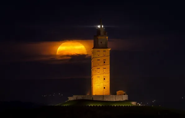 Ночь, луна, маяк, Spain, Galicia, Corunna