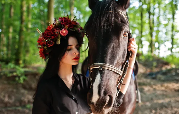 Взгляд, морда, девушка, цветы, природа, конь, лошадь, макияж