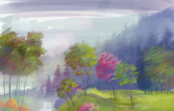 Картинка деревья, река, холмы, водопад, нарисованный пейзаж