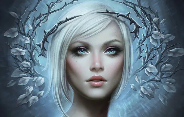 Картинка сияние, шипы, голубые глаза, blue eyes, crown, fantasy art, beautiful woman, radiance