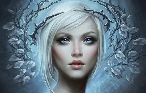 Сияние, шипы, голубые глаза, blue eyes, crown, fantasy art, beautiful woman, radiance