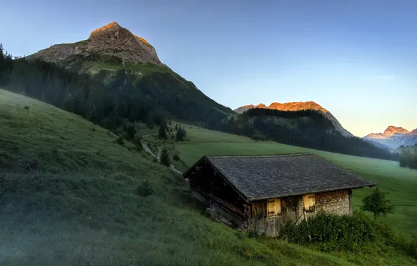 Горы, природа, дом, Austria, Sunrise at Tirol