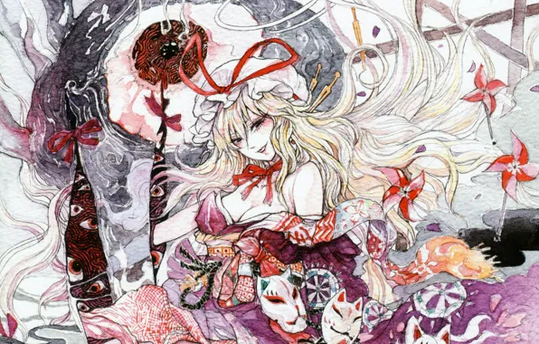 Вертушки, маски, бант, красные глаза, длинные волосы, touhou, art, yakumo yukari