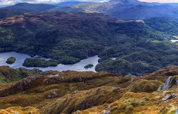 Лес, горы, озеро, Шотландия, панорама, Loch Drunkie