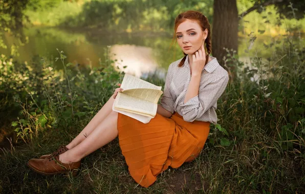 Трава, взгляд, вода, девушка, природа, лицо, юбка, блузка