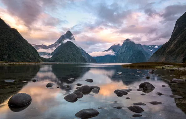 Горы, озеро, Новая Зеландия, New Zealand, Milford Sound
