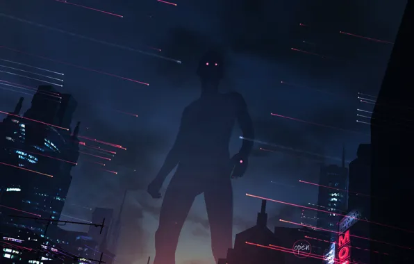 Ночь, Город, Силуэт, City, Art, Concept Art, Гигант, Science Fiction
