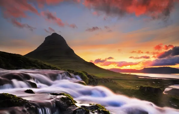Облака, река, рассвет, гора, водопад, утро, Исландия, Iceland