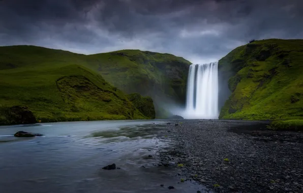 Горы, река, водопад, Исландия, Скогафосс
