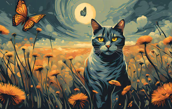 Поле, кошка, небо, кот, взгляд, цветы, ночь, поза