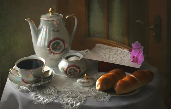 Стол, чай, чайник, сахар, натюрморт, пирожки