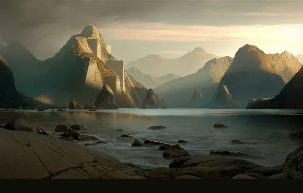 Mountains, rocks, stones, sunset valley