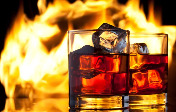 Лед, огонь, пламя, бокалы, напиток, виски