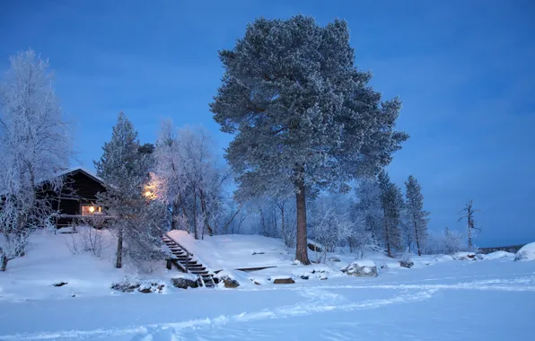 Картинка зима, снег, домик, Финляндия, Лапландия