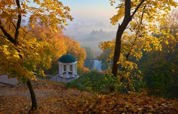 Картинка осень, деревья, парк, река, листва, Украина, ротонда, Андрей Казун