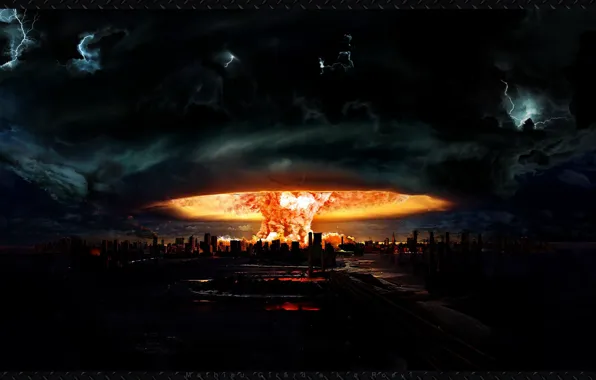 Взрыв, апокалипсис, рисунок, гриб, арт, ядерный, город. пламя