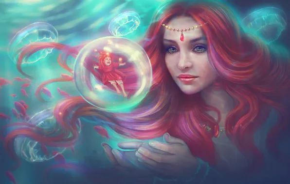 Картинка море, вода, девушка, рыбы, волосы, арт, медузы, девочка