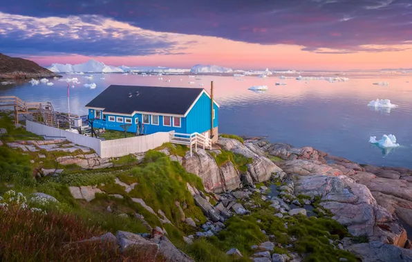 Картинка море, камни, побережье, залив, льдины, Гренландия, дои, Greenland