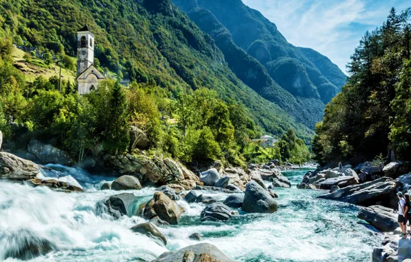 Горы, река, Швейцария, церковь, Switzerland, Verzasca Valley, Lavertezzo, Canton of Ticino