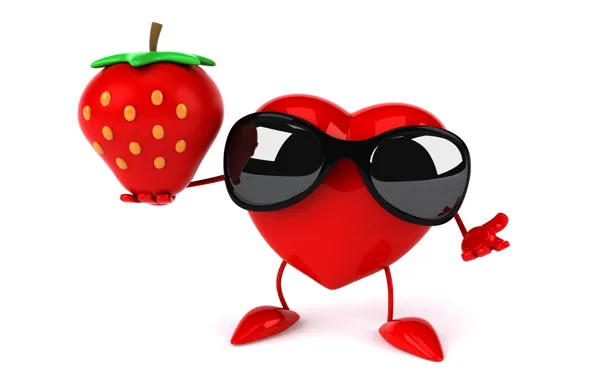 Картинка сердце, клубника, heart, strawberry, funny, rendering, sunglasses, 3D Art
