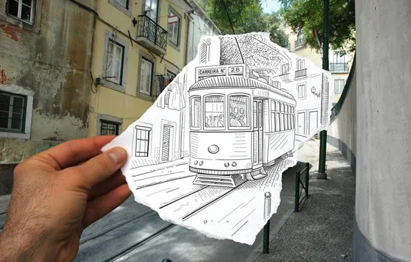 Фото, рисунок, трамвай, совмещение