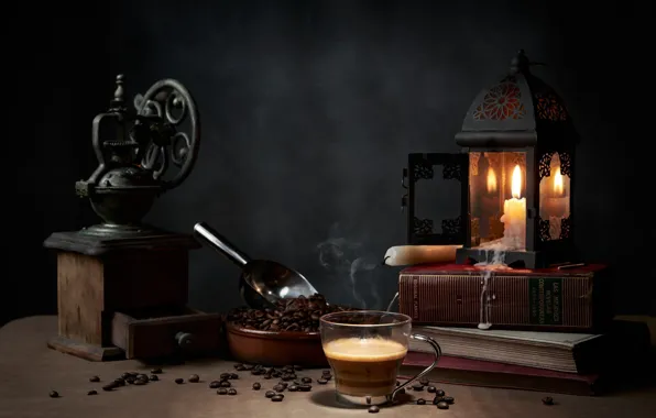 Стиль, книги, лампа, кофе, свечи, кружка, натюрморт, кофейные зёрна
