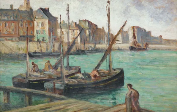 Картина, морской пейзаж, 1891, Максимильен Люс, Maximilien Luce, Парусные Лодки у Причала