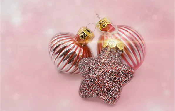 Рождество, Новый год, розовый фон, ёлочные украшения, ёлочные игрушки