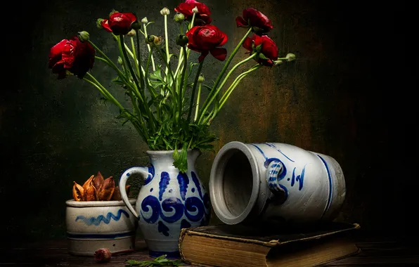 Букет, книга, натюрморт, азиатский лютик, Ранункулюс