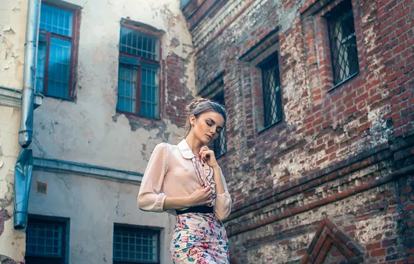 Девушка, дом, фон, юбка, кирпич, блузка, Алёна