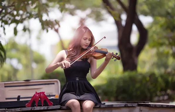 Картинка девушка, скрипка, платье, азиатка