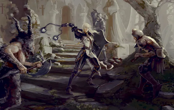 Девушка, Diablo 3, battle, crusader, Diablo 3: Reaper of Souls