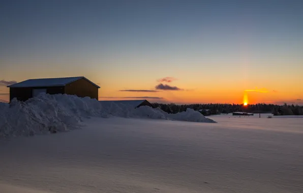 Лес, снег, закат, дома, градиент, forest, sunset, snow