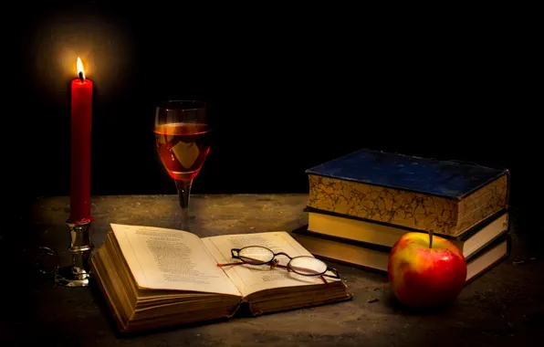 Бокал, книги, яблоко, свеча, очки, Tranquillity in the dark