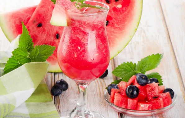 Ягоды, арбуз, черника, сок, juice, мята, blueberries, stemware
