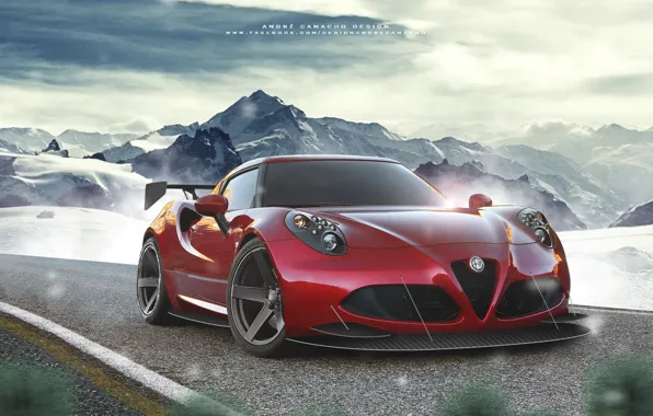 Дорога, снег, горы, автомобиль, Alfa Romeo 4C
