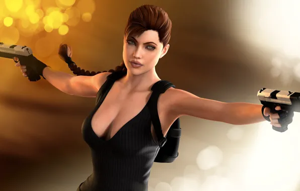 Картинка девушка, блики, рендеринг, фон, пистолеты, Angelina Jolie, Tomb Raider, 3D модель
