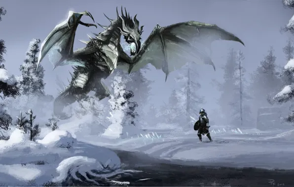 Картинка зима, лес, снег, река, магия, дракон, воин, арт