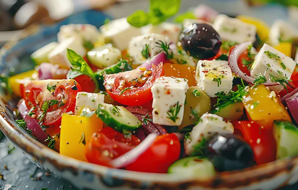 Зелень, сыр, кусочки, миска, помидоры, огурцы, салат, маслины