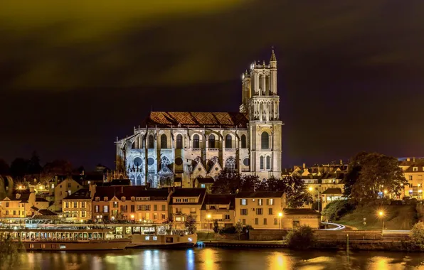 Ночь, река, Париж, собор, Paris, предместье, Mantes La Jolie cathedral
