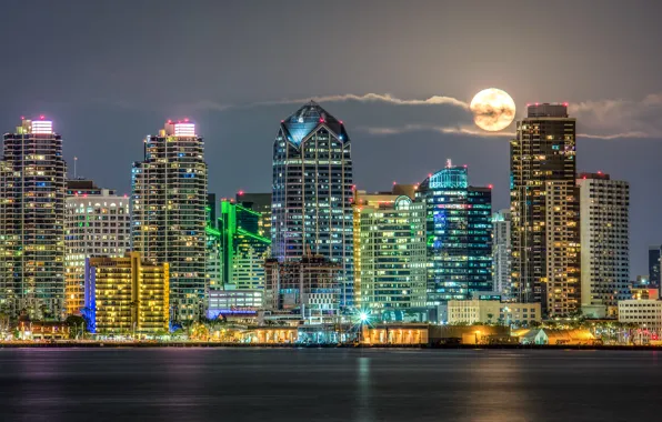 Картинка луна, здания, Калифорния, ночной город, небоскрёбы, California, San Diego, Сан-Диего