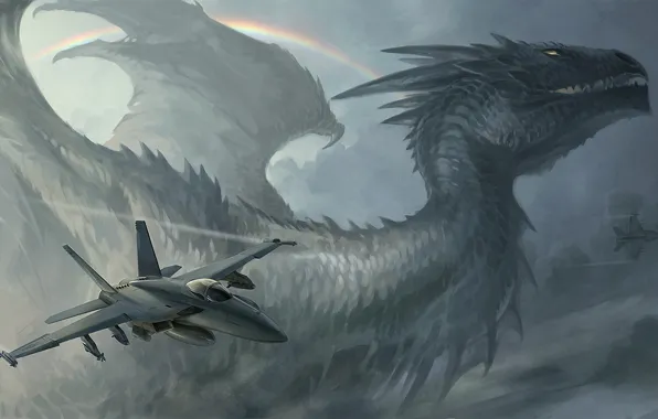 Самолет, дракон, радуга, ракеты, f/a 18, sandara, hybrid rainbow